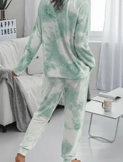 Women's Pajama Set Casual Comfort Tie Dye Elastic Waist T Shirt Pant Home Daily Long Sleeve Crew Neck Pink Blue Green Rainbow Gray Summer Spring Fall Regular Fit