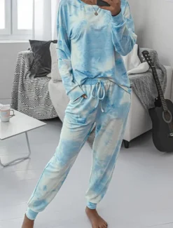 Women's Pajama Set Casual Comfort Tie Dye Elastic Waist T Shirt Pant Home Daily Long Sleeve Crew Neck Pink Blue Green Rainbow Gray Summer Spring Fall Regular Fit