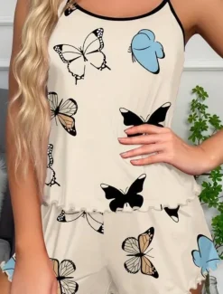 Women's Pajama Set Casual Comfort Butterfly Elastic Waist Strap Top Shorts Home Daily Long Sleeve Straps Pink Blue Beige Summer Regular Fit