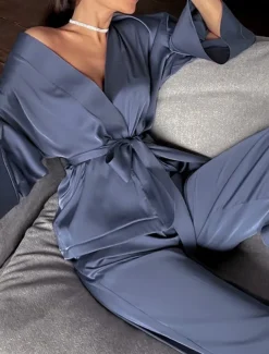 Women's Pajama Set Casual Comfort Pure Color Elastic Waist Robe Top Pant Home Daily Half Sleeve V Neck Black Blue Green Summer Spring Fall Regular Fit