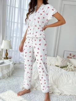 Women's Pajama Set Casual Comfort Cherry Elastic Waist Shirt Pant Home Daily Short Sleeve V Neck White Summer Spring Fall Regular Fit