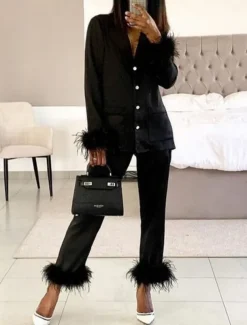 Women's Pajama Set Casual Comfort Pure Color Elastic Waist Feather Shirt Pant Home Daily Long Sleeve Shirt Collar Black White Pink Red Blue Summer Spring Fall Regular Fit