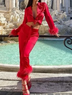 Women's Pajama Set Casual Comfort Pure Color Elastic Waist Feather Shirt Pant Home Daily Long Sleeve Shirt Collar Black White Pink Red Blue Summer Spring Fall Regular Fit