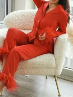 Women's Pajama Set Casual Comfort Pure Color Elastic Waist Feather Shirt Pant Home Daily Long Sleeve Shirt Collar Black White Pink Red Blue Summer Spring Fall Regular Fit