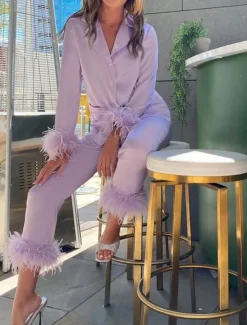 Women's Pajama Set Casual Comfort Pure Color Elastic Waist Feather Shirt Pant Home Daily Long Sleeve Shirt Collar Black White Pink Red Blue Summer Spring Fall Regular Fit