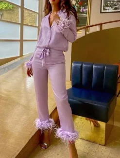 Women's Pajama Set Casual Comfort Pure Color Elastic Waist Feather Shirt Pant Home Daily Long Sleeve Shirt Collar Black White Pink Red Blue Summer Spring Fall Regular Fit