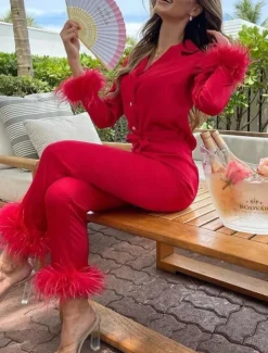 Women's Pajama Set Casual Comfort Pure Color Elastic Waist Feather Shirt Pant Home Daily Long Sleeve Shirt Collar Black White Pink Red Blue Summer Spring Fall Regular Fit