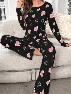 Women's Pajama Set Casual Comfort Comfrt Heart T Shirt Pant Home Long Sleeve Crew Neck Pink Spring Fall Winter