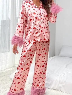 Women's Pajama Set Casual Comfort Heart Elastic Waist Shirt Pant Home Valentine's Day Daily Long Sleeve Shirt Collar Pink Summer Spring Fall Loose Fit