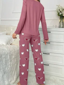 Women's Pajama Set Casual Comfort Comfrt Heart T Shirt Pant Home Long Sleeve Crew Neck Pink Spring Fall Winter