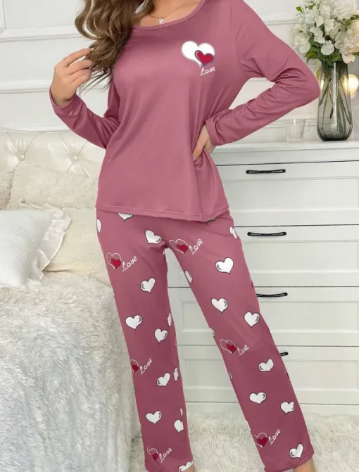 Women's Pajama Set Casual Comfort Comfrt Heart T Shirt Pant Home Long Sleeve Crew Neck Pink Spring Fall Winter