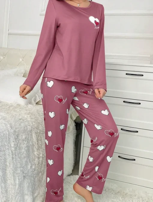 Women's Pajama Set Casual Comfort Comfrt Heart T Shirt Pant Home Long Sleeve Crew Neck Pink Spring Fall Winter