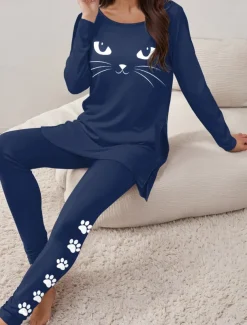 Women's Pajama Set Loungewear Round Neck Long Sleeve Casual Tee Pants Sets Print Outdoor Sports Daily Black Spring & Fall Home Outfits