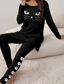 Women's Pajama Set Loungewear Round Neck Long Sleeve Casual Tee Pants Sets Print Outdoor Sports Daily Black Spring & Fall Home Outfits