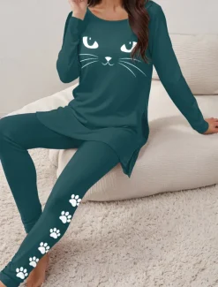 Women's Pajama Set Loungewear Round Neck Long Sleeve Casual Tee Pants Sets Print Outdoor Sports Daily Black Spring & Fall Home Outfits