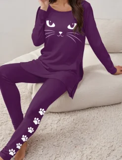 Women's Pajama Set Loungewear Round Neck Long Sleeve Casual Tee Pants Sets Print Outdoor Sports Daily Black Spring & Fall Home Outfits