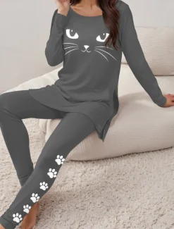 Women's Pajama Set Loungewear Round Neck Long Sleeve Casual Tee Pants Sets Print Outdoor Sports Daily Black Spring & Fall Home Outfits