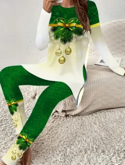 Women's Pajama Set Loungewear Round Neck Long Sleeve Casual Graphic Comfort Home Polyester Comfort Breathable Crew Neck Pant Spring Fall Home Outfits