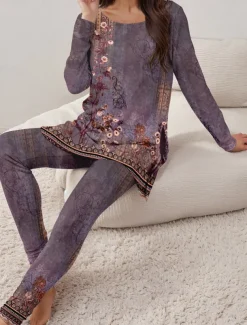 Women's Pajama Set Loungewear Round Neck Long Sleeve Casual Tee Pants Sets Print Outdoor Sports Daily Light Green Spring & Fall Home Outfits