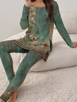 Women's Pajama Set Loungewear Round Neck Long Sleeve Casual Tee Pants Sets Print Outdoor Sports Daily Light Green Spring & Fall Home Outfits