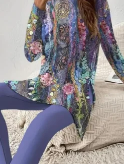 Women's Pajama Set Loungewear Round Neck Long Sleeve Casual Fashion Pants Sets Pants Trousers Color Block Print Daily Grape Regular Fit