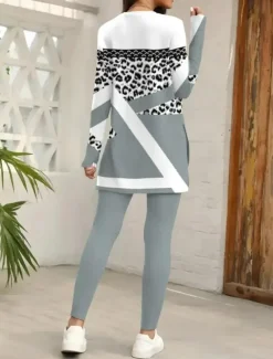 Women's Pajama Set Loungewear Round Neck Long Sleeve Casual Sleepwear Fashion Pants Sets Pants Trousers Color Block Print Daily Dark Grey Regular Fit