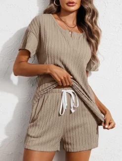 Women's Pajama Set Pure Color Casual Comfort Home Daily Spandex Comfort V Wire Short Sleeve Pant Elastic Waist Summer Home Outfits