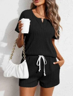 Women's Pajama Set Pure Color Casual Comfort Home Daily Spandex Comfort V Wire Short Sleeve Pant Elastic Waist Summer Home Outfits