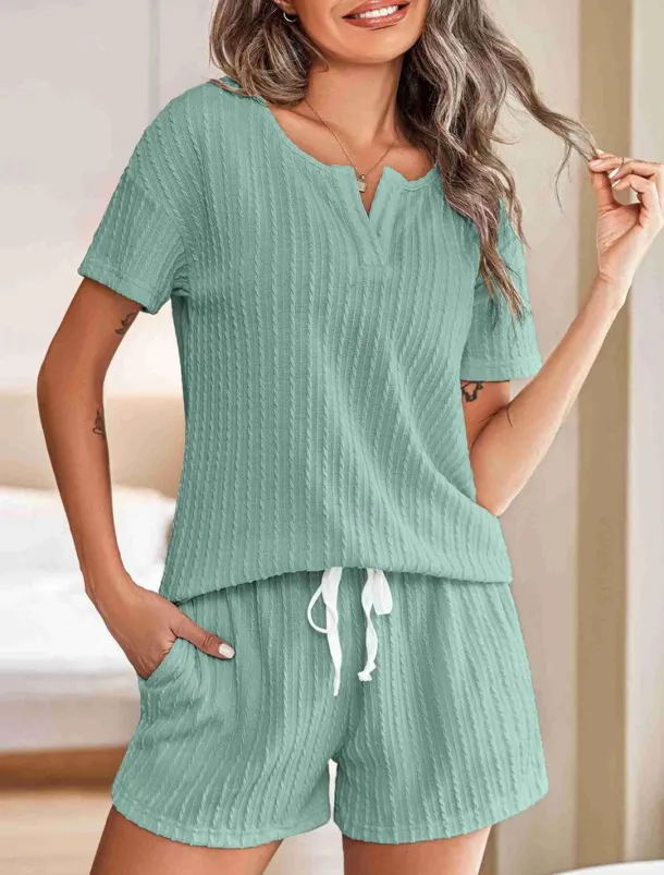 Women's Pajama Set Pure Color Casual Comfort Home Daily Spandex Comfort V Wire Short Sleeve Pant Elastic Waist Summer Home Outfits