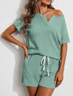 Women's Pajama Set Pure Color Casual Comfort Home Daily Spandex Comfort V Wire Short Sleeve Pant Elastic Waist Summer Home Outfits