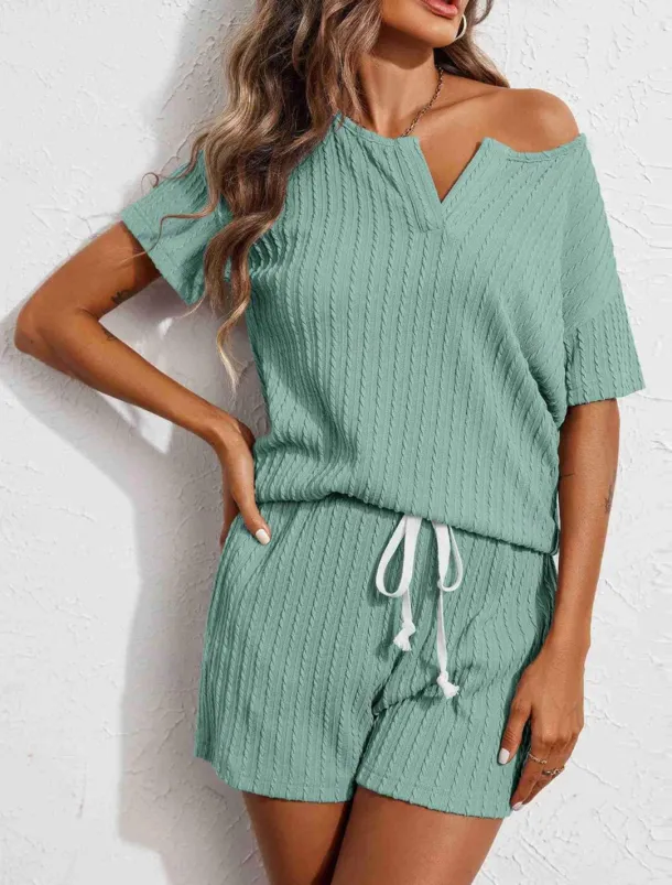 Women's Pajama Set Pure Color Casual Comfort Home Daily Spandex Comfort V Wire Short Sleeve Pant Elastic Waist Summer Home Outfits