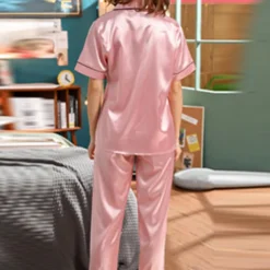 Women's Pajama Set Satin Notch Collar Short Sleeve Elastic Waist Home Loungewear Burgundy Silk-like Sleepwear All Seasons Comfort Fit