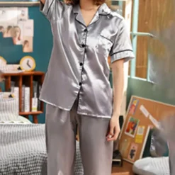 Women's Pajama Set Satin Notch Collar Short Sleeve Elastic Waist Home Loungewear Burgundy Silk-like Sleepwear All Seasons Comfort Fit