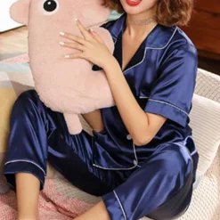 Women's Pajama Set Satin Notch Collar Short Sleeve Elastic Waist Home Loungewear Burgundy Silk-like Sleepwear All Seasons Comfort Fit