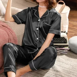 Women's Pajama Set Satin Notch Collar Short Sleeve Elastic Waist Home Loungewear Burgundy Silk-like Sleepwear All Seasons Comfort Fit