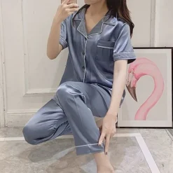 Women's Pajama Set Satin Notch Collar Short Sleeve Elastic Waist Home Loungewear Burgundy Silk-like Sleepwear All Seasons Comfort Fit