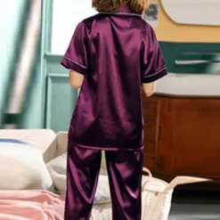 Women's Pajama Set Satin Notch Collar Short Sleeve Elastic Waist Home Loungewear Burgundy Silk-like Sleepwear All Seasons Comfort Fit