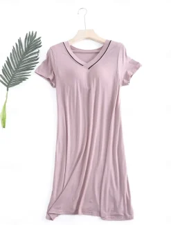 Women's Pajamas Nightgown Nightshirt Dress Pure Color Simple Comfort Home Daily Bed Modal Breathable V Wire Short Sleeve Summer Home Outfits