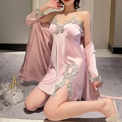 Women's Pajamas Nightgown Dress Pjs 2 Pieces Pure Color Fashion Casual Comfort Home Daily Bed Satin Silk V Wire Long Sleeve Elastic Waist Chest pads Summer Spring Home Outfits