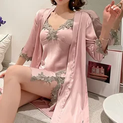 Women's Pajamas Nightgown Dress Pjs 2 Pieces Pure Color Fashion Casual Comfort Home Daily Bed Satin Silk V Wire Long Sleeve Elastic Waist Chest pads Summer Spring Home Outfits