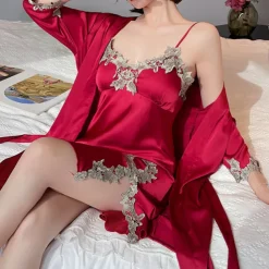 Women's Pajamas Nightgown Dress Pjs 2 Pieces Pure Color Fashion Casual Comfort Home Daily Bed Satin Silk V Wire Long Sleeve Elastic Waist Chest pads Summer Spring Home Outfits