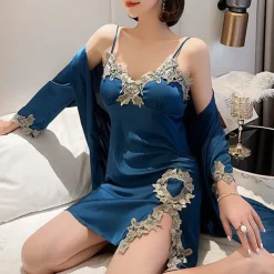 Women's Pajamas Nightgown Dress Pjs 2 Pieces Pure Color Fashion Casual Comfort Home Daily Bed Satin Silk V Wire Long Sleeve Elastic Waist Chest pads Summer Spring Home Outfits