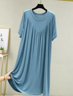 Women's Pajamas Nightgown Nightshirt Dress Pure Color Simple Casual Soft Home Daily Bed Polyester Breathable Crew Neck Short Sleeve Summer Spring