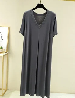 Women's Pajamas Nightgown Nightshirt Dress Pure Color Simple Casual Soft Home Daily Bed Modal Breathable V Wire Short Sleeve Summer Fall Home Outfits