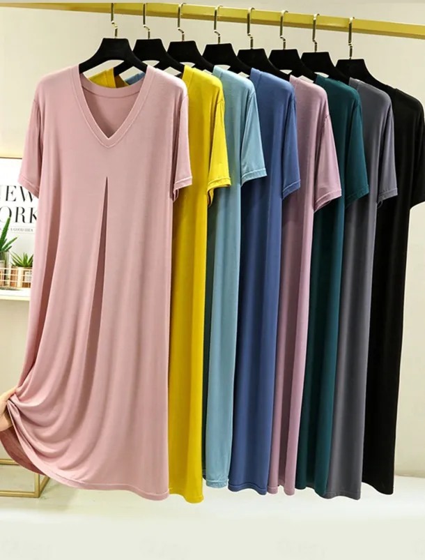 Women's Pajamas Nightgown Nightshirt Dress Pure Color Simple Casual Soft Home Daily Bed Modal Breathable V Wire Short Sleeve Summer Fall Home Outfits