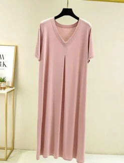 Women's Pajamas Nightgown Nightshirt Dress Pure Color Simple Casual Soft Home Daily Bed Modal Breathable V Wire Short Sleeve Summer Fall Home Outfits