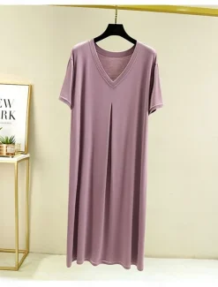 Women's Pajamas Nightgown Nightshirt Dress Pure Color Simple Casual Soft Home Daily Bed Modal Breathable V Wire Short Sleeve Summer Fall Home Outfits
