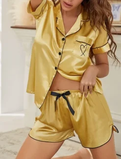 Women's Pajamas Nighty Pjs Sets 2 Pieces Heart Comfort Sweet Home Satin Silk Lapel Short Sleeve Shorts Button Pocket Summer Spring Home Outfits