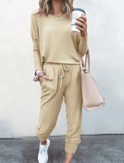 Women's Pajamas Pajama Top and Pant Sets Pure Color Fashion Casual Soft Home Daily Bed Breathable Crew Neck Long Sleeve T shirt Tee Pant Pocket Elastic Waist Summer Spring