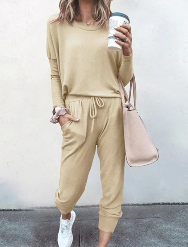 Women's Pajamas Pajama Top and Pant Sets Pure Color Fashion Casual Soft Home Daily Bed Breathable Crew Neck Long Sleeve T shirt Tee Pant Pocket Elastic Waist Summer Spring
